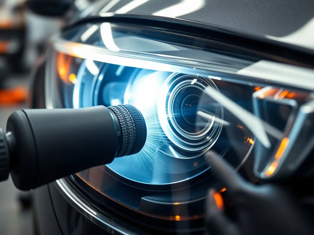 Detailed close-up of a professional car headlight restoratio