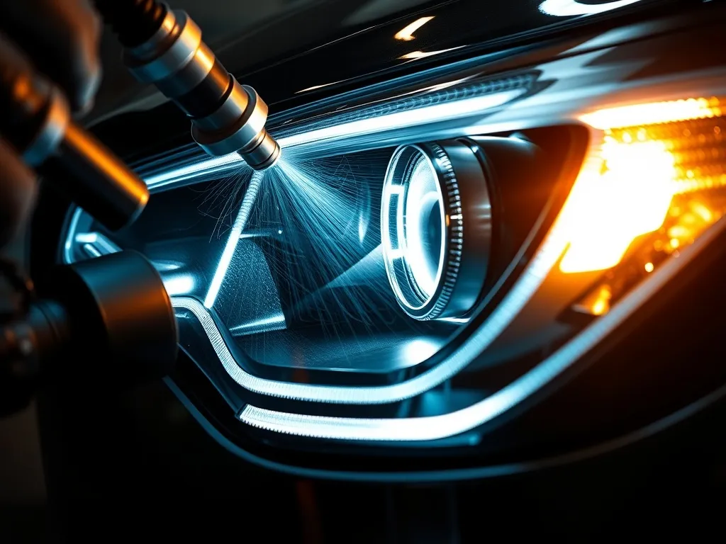 Close-up of a high-tech car headlight being polished with pr