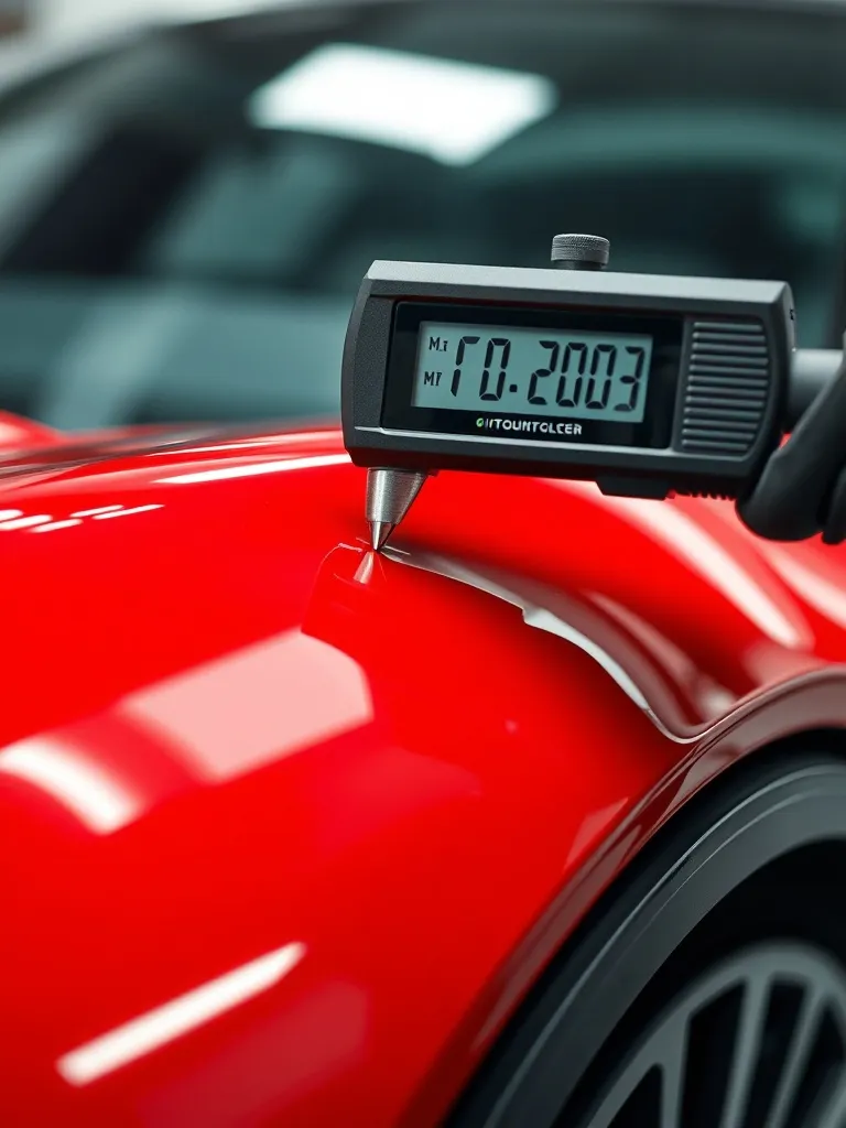 A high-tech digital paint thickness gauge measuring car pain